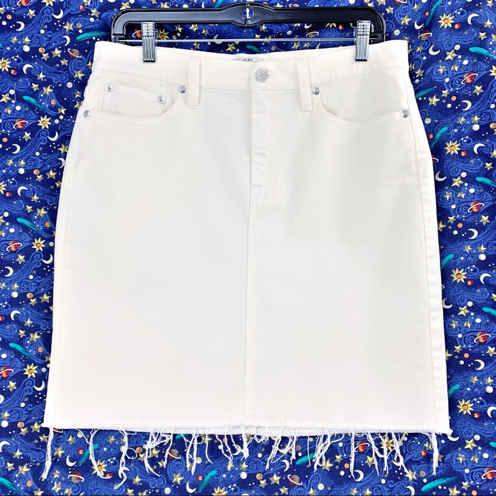 J. Crew Trademark White Jean Skirt, Raw Hem with Fray, Cotton Blend with Stretch